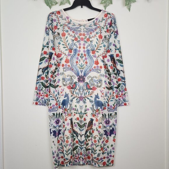 Eloquii Dresses & Skirts - ELOQUII Size 16 Floral Birds Multicolor Mesh Long Sleeve Boho Stretch Dress
